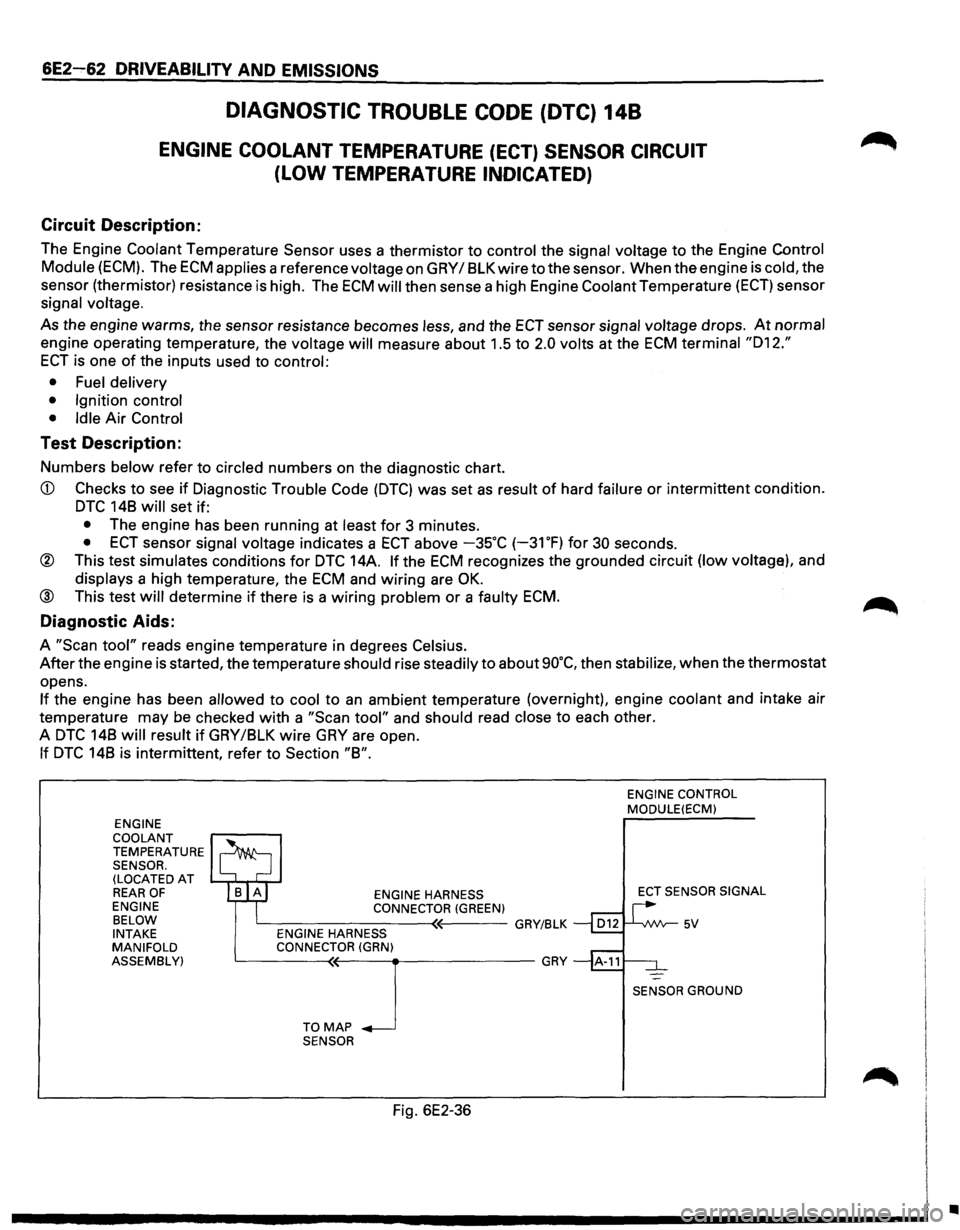 ISUZU TROOPER 1995 Workshop Manual 6E2~62 DRIVEABILITY AND EMISSIONS
DIAGNOSTIC TROUBLE CODE (DTC) 148
ENGINE COOLANT TEMPERATURE (ECT) SENSOR CIRCUIT
(LOW TEMPERATURE INDICATED)
Circuit Description:
The Engine Coolant Temperatur ISUZU TROOPER 1995 Workshop Manual 6E2~62 DRIVEABILITY AND EMISSIONS
DIAGNOSTIC TROUBLE CODE (DTC) 148
ENGINE COOLANT TEMPERATURE (ECT) SENSOR CIRCUIT
(LOW TEMPERATURE INDICATED)
Circuit Description:
The Engine Coolant Temperatur