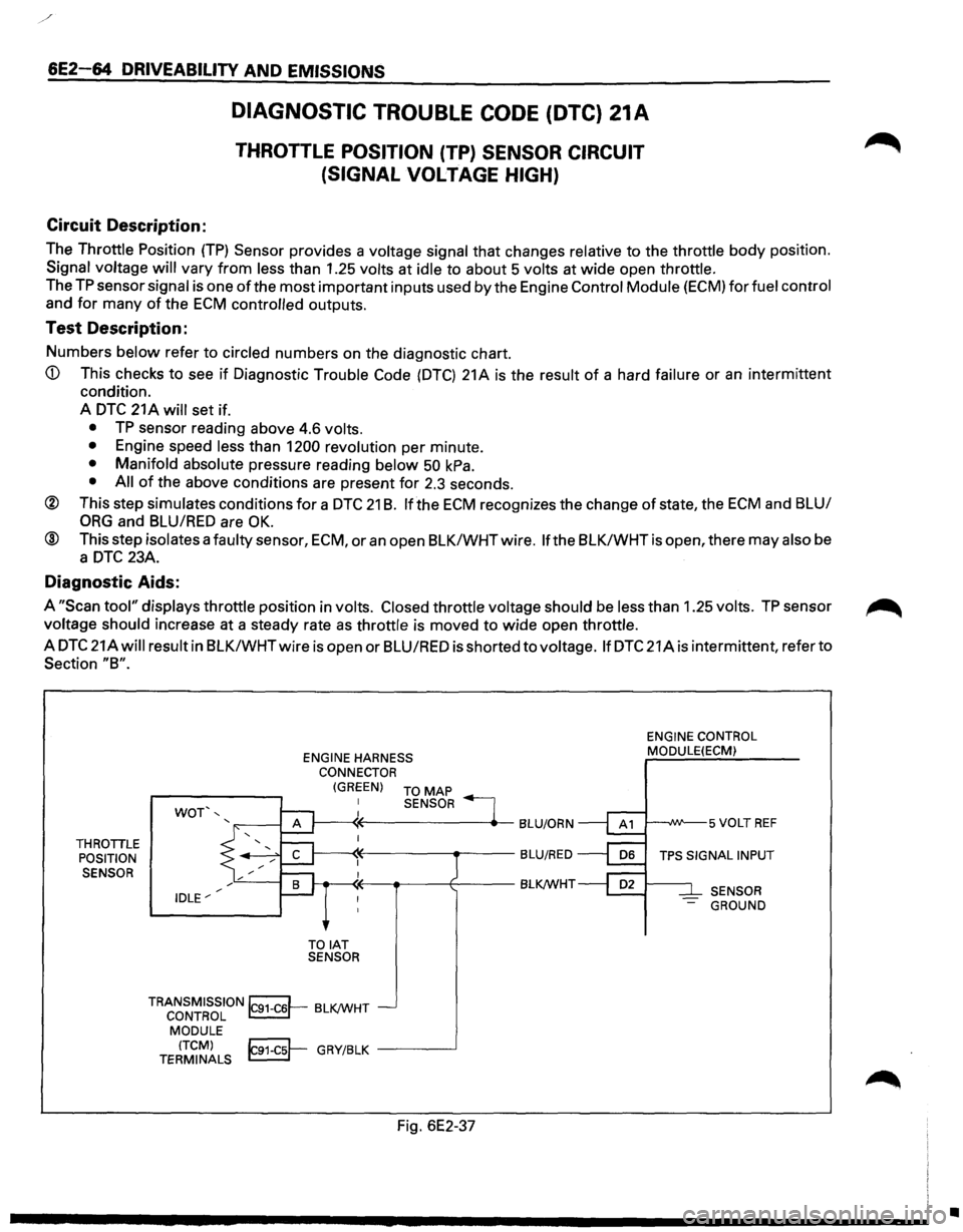 ISUZU TROOPER 1995 Workshop Manual /
6E2-64 DRIVEABILITY AND EMISSIONS
Circuit Description:
DIAGNOSTIC TROUBLE CODE (DTC) 21A
THROTTLE POSITION (TP) SENSOR CIRCUIT
(SIGNAL
VOLTAGE HIGH)
The Throttle Position (TP) Sensor provid ISUZU TROOPER 1995 Workshop Manual /
6E2-64 DRIVEABILITY AND EMISSIONS
Circuit Description:
DIAGNOSTIC TROUBLE CODE (DTC) 21A
THROTTLE POSITION (TP) SENSOR CIRCUIT
(SIGNAL
VOLTAGE HIGH)
The Throttle Position (TP) Sensor provid