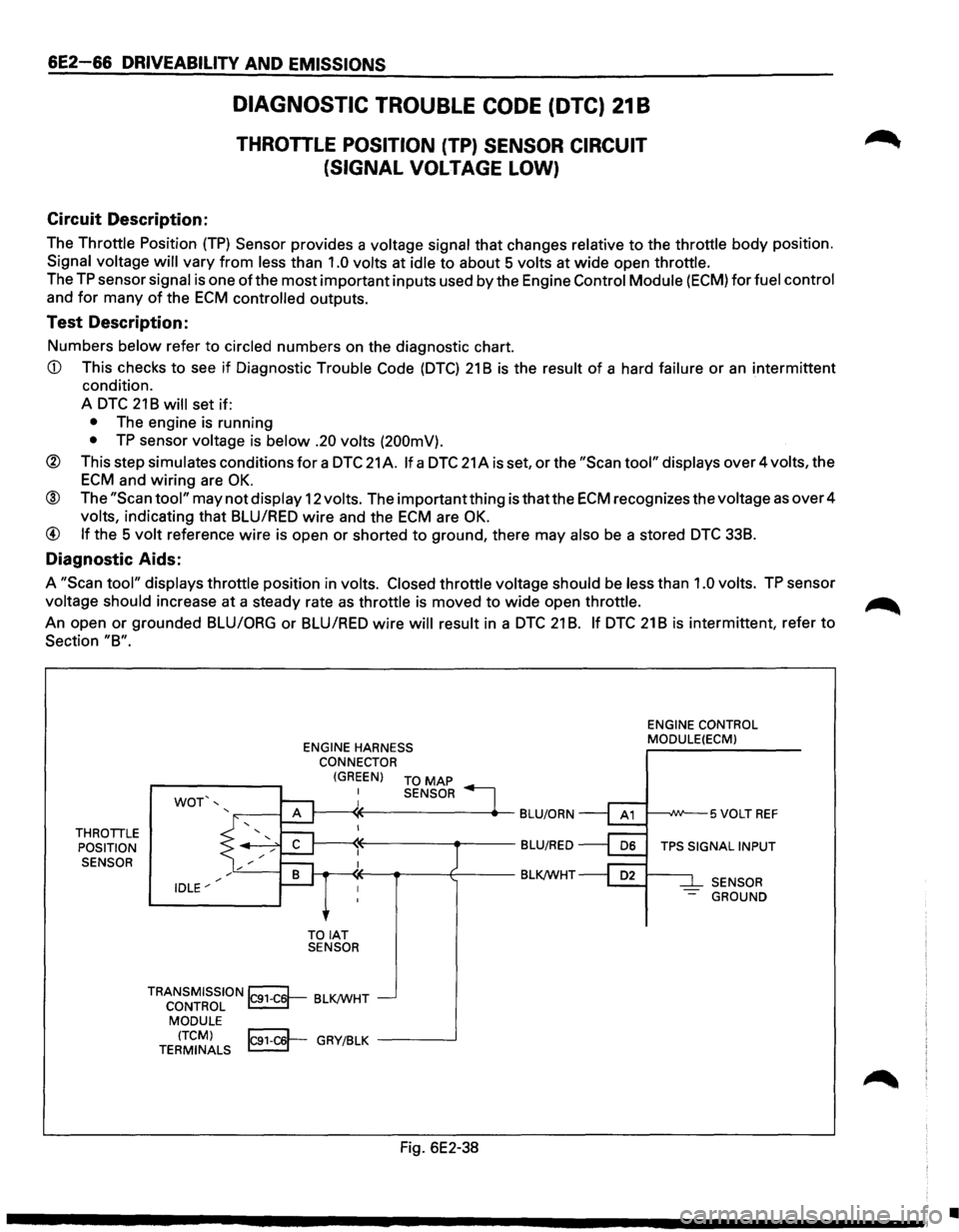 ISUZU TROOPER 1995 Workshop Manual 6E2-66 DRIVEABILITV AND EMISSIONS
DIAGNOSTIC TROUBLE CODE (DTC) 21 8
THROTILE POSITION (TP) SENSOR CIRCUIT
(SIGNAL VOLTAGE LOW)
Circuit Description:
The Throttle Position (TP) Sensor provides ISUZU TROOPER 1995 Workshop Manual 6E2-66 DRIVEABILITV AND EMISSIONS
DIAGNOSTIC TROUBLE CODE (DTC) 21 8
THROTILE POSITION (TP) SENSOR CIRCUIT
(SIGNAL VOLTAGE LOW)
Circuit Description:
The Throttle Position (TP) Sensor provides