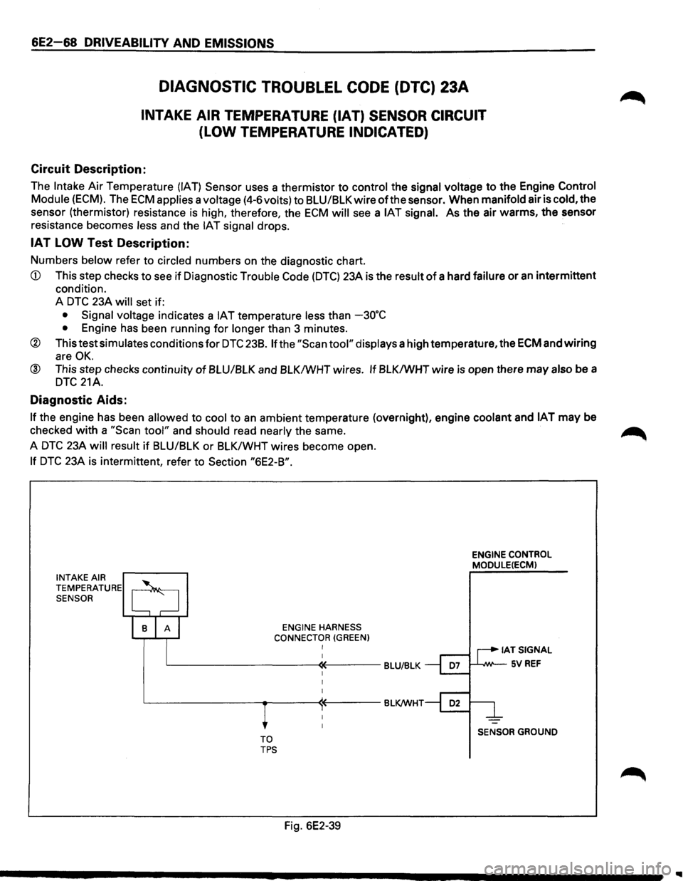 ISUZU TROOPER 1995 Workshop Manual 6E2-68 DRIVEABILITV AND EMISSIONS
DIAGNOSTIC TROUBLEL CODE (DTC) 23A
INTAKE AIR TEMPERATURE {IAT) SENSOR CIRCUIT
(LOW TEMPERATURE INDICATED)
Circuit Description:
The Intake Air Temperature (I ISUZU TROOPER 1995 Workshop Manual 6E2-68 DRIVEABILITV AND EMISSIONS
DIAGNOSTIC TROUBLEL CODE (DTC) 23A
INTAKE AIR TEMPERATURE {IAT) SENSOR CIRCUIT
(LOW TEMPERATURE INDICATED)
Circuit Description:
The Intake Air Temperature (I