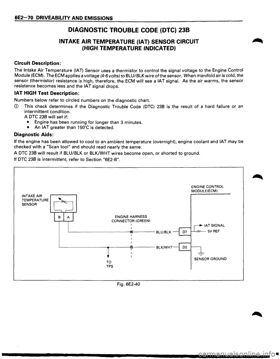 ISUZU TROOPER 1995 Workshop Manual 6E2-70 DRIVEABILITV AND EMISSIONS
DIAGNOSTIC TROUBLE CODE (DTC) 238
INTAKE AIR TEMPERATURE (IAT) SENSOR CIRCUIT
(HIGH
TEMPERATURE INDICATED)
Circuit Description:
The Intake Air Temperature (I ISUZU TROOPER 1995 Workshop Manual 6E2-70 DRIVEABILITV AND EMISSIONS
DIAGNOSTIC TROUBLE CODE (DTC) 238
INTAKE AIR TEMPERATURE (IAT) SENSOR CIRCUIT
(HIGH
TEMPERATURE INDICATED)
Circuit Description:
The Intake Air Temperature (I