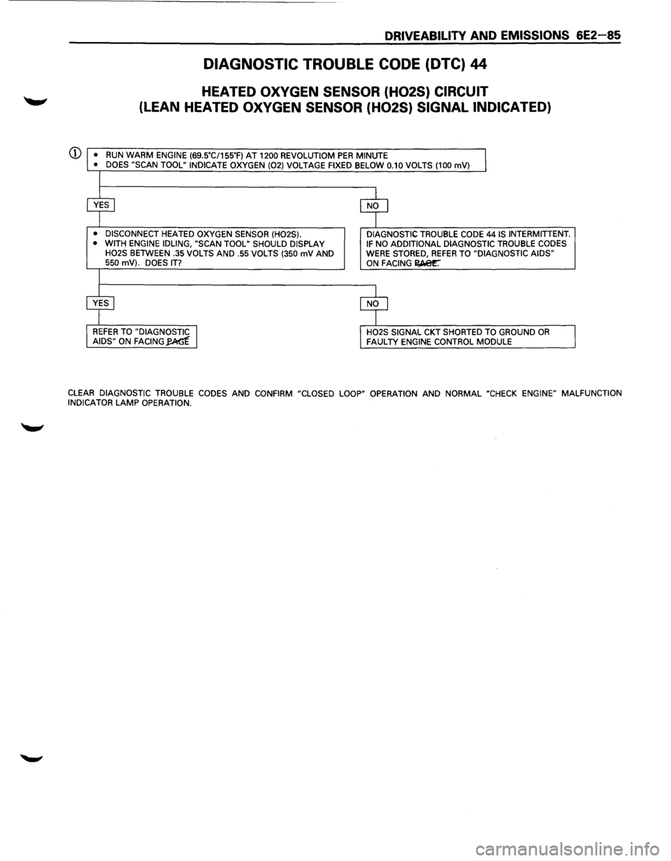 ISUZU TROOPER 1995  Workshop Manual DRIVEABILITY AND EMISSIONS 6E2-85 
DIAGNOSTIC TROUBLE CODE (DTC) 44 
HEATED OXYGEN  SENSOR (H02S) CIRCUIT 
(LEAN HEATED OXYGEN  SENSOR (H02S) SIGNAL  INDICATED) 
(j)  • 
RUN WARM ENGINE (69SC/155F)