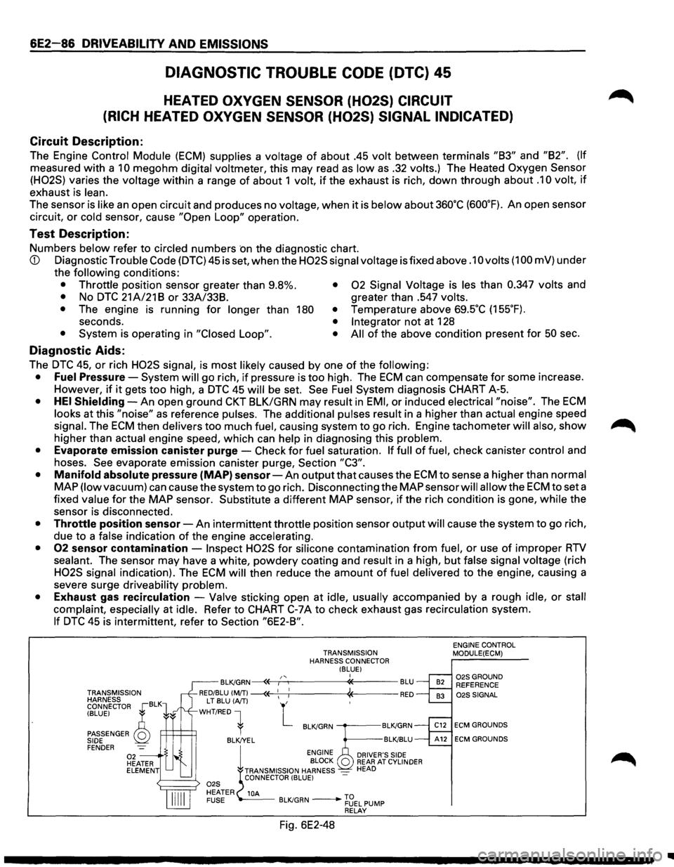 ISUZU TROOPER 1995 Workshop Manual 6E2-86 DRIVEABILITY AND EMISSIONS
DIAGNOSTIC TROUBLE CODE (DTC) 45
HEATED OXYGEN SENSOR (H02S) CIRCUIT
(RICH
HEATED OXYGEN SENSOR (H02S) SIGNAL INDICATED)
Circuit Description:
The Engine Contr ISUZU TROOPER 1995 Workshop Manual 6E2-86 DRIVEABILITY AND EMISSIONS
DIAGNOSTIC TROUBLE CODE (DTC) 45
HEATED OXYGEN SENSOR (H02S) CIRCUIT
(RICH
HEATED OXYGEN SENSOR (H02S) SIGNAL INDICATED)
Circuit Description:
The Engine Contr