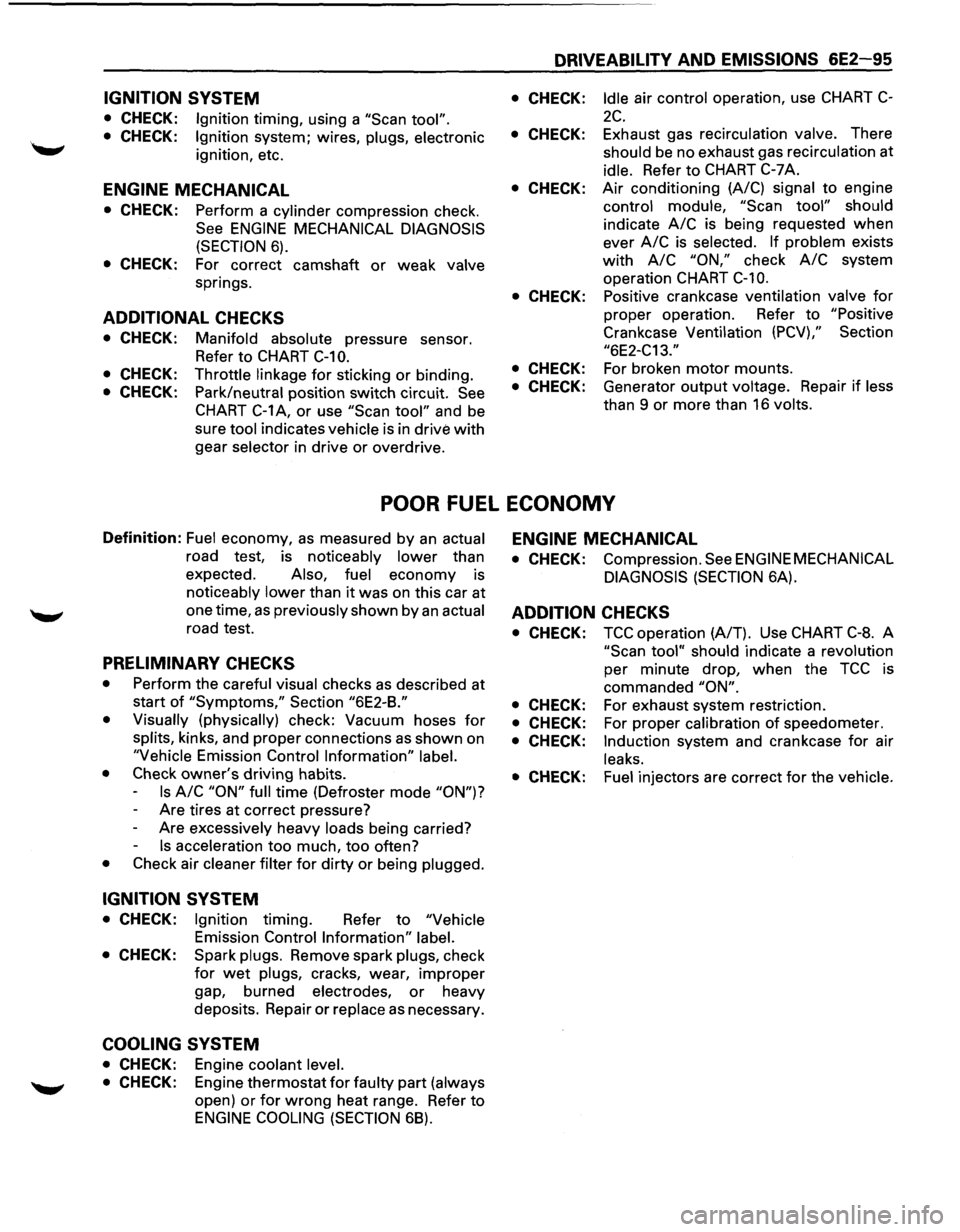 ISUZU TROOPER 1995  Workshop Manual IGNITION SYSTEM 
• CHECK: Ignition timing, using a "Scan  tool". 
• CHECK: Ignition system;  wires, plugs, electronic 
ignition,  etc. 
ENGINE MECHANICAL 
• CHECK: Perform a cylinder compression