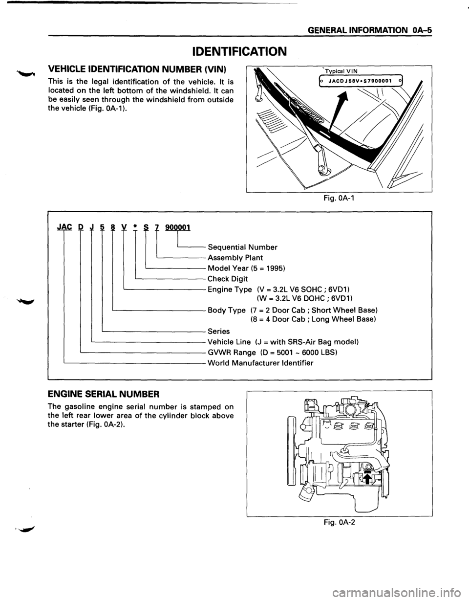 ISUZU TROOPER 1995  Workshop Manual IDENTIFICATION 
VEHICLE IDENTIFICATION NUMBER (VIN) 
This is the  legal  identification of the vehicle. It is 
located 
on the  left bottom of the windshield. It can 
be  easily  seen 
through the win