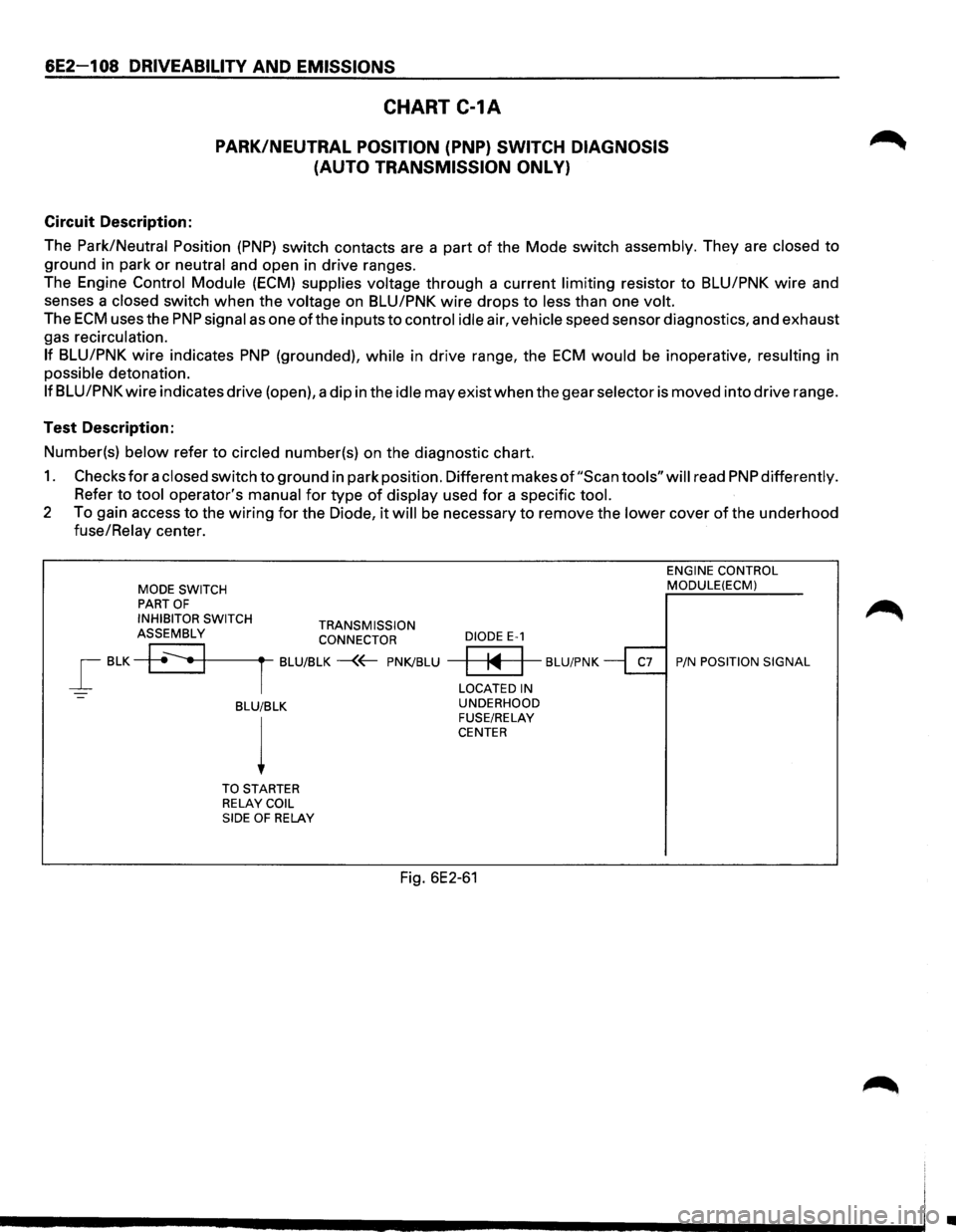 ISUZU TROOPER 1995 Workshop Manual 6E2-1 08 DRIVEABILITV AND EMISSIONS
CHART C-1A
PARK/NEUTRAL POSITION (PNP} SWITCH DIAGNOSIS
(AUTO TRANSMISSION ONL
V}
Circuit Description:
The
Park/Neutral Position (PNP) switch contacts ISUZU TROOPER 1995 Workshop Manual 6E2-1 08 DRIVEABILITV AND EMISSIONS
CHART C-1A
PARK/NEUTRAL POSITION (PNP} SWITCH DIAGNOSIS
(AUTO TRANSMISSION ONL
V}
Circuit Description:
The
Park/Neutral Position (PNP) switch contacts