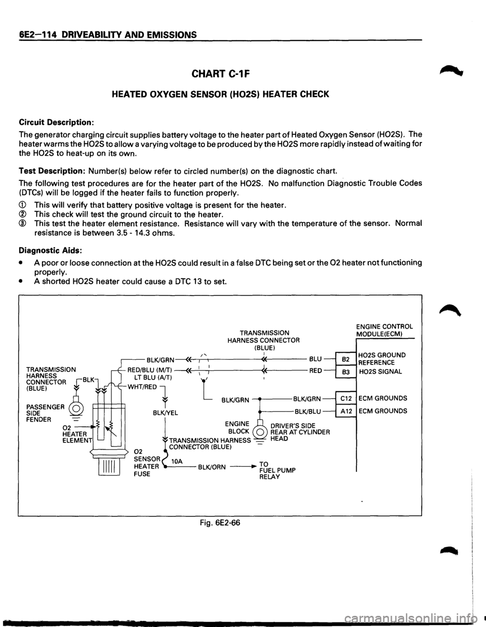 ISUZU TROOPER 1995 Workshop Manual 6E2-114 DRIVEABILITY AND EMISSIONS
CHART C-1F
HEATED OXYGEN SENSOR (H02S} HEATER CHECK
Circuit Description:
The generator charging circuit supplies battery voltage to the heater part of Heated ISUZU TROOPER 1995 Workshop Manual 6E2-114 DRIVEABILITY AND EMISSIONS
CHART C-1F
HEATED OXYGEN SENSOR (H02S} HEATER CHECK
Circuit Description:
The generator charging circuit supplies battery voltage to the heater part of Heated