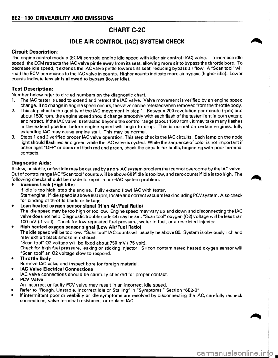 ISUZU TROOPER 1995 Workshop Manual 6E2-130 DRIVEABILITY AND EMISSIONS
CHART C-2C
IDLE AIR CONTROL (lAC) SYSTEM CHECK
Circuit Description:
The engine control module (ECM) controls engine idle speed with idler air control (lAC) v ISUZU TROOPER 1995 Workshop Manual 6E2-130 DRIVEABILITY AND EMISSIONS
CHART C-2C
IDLE AIR CONTROL (lAC) SYSTEM CHECK
Circuit Description:
The engine control module (ECM) controls engine idle speed with idler air control (lAC) v