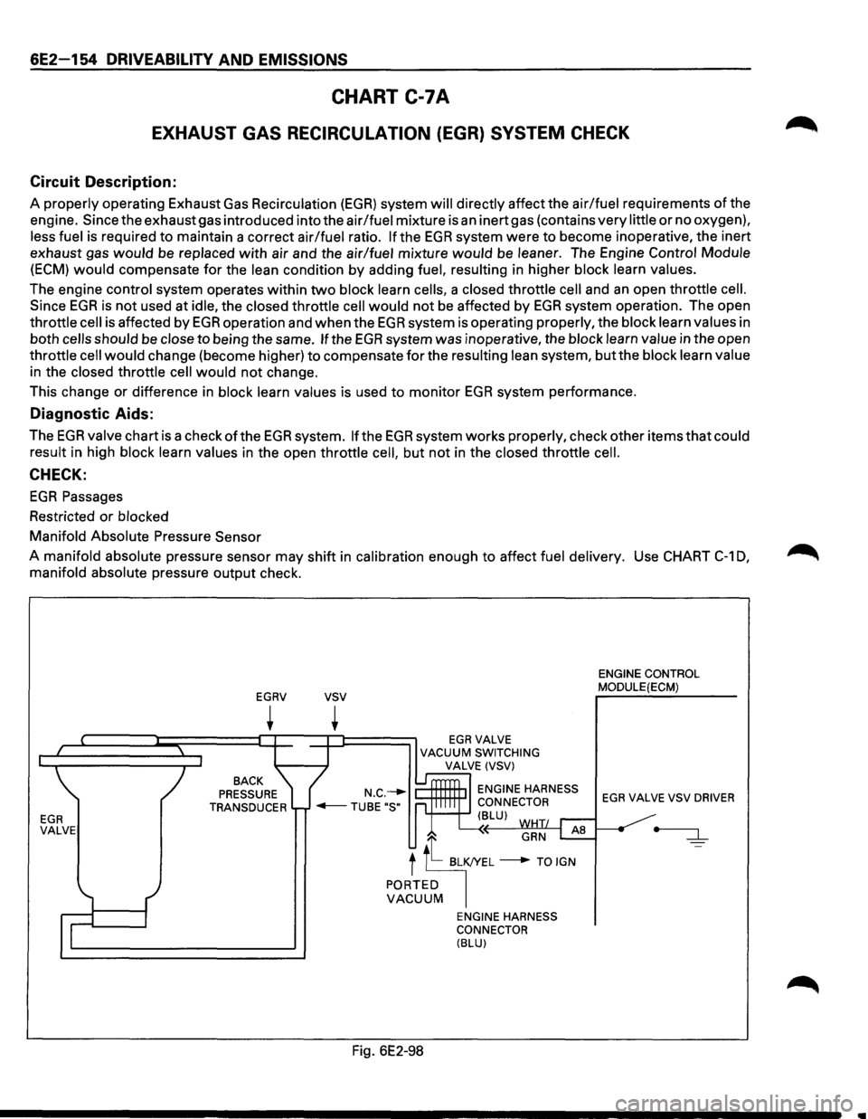ISUZU TROOPER 1995  Workshop Manual 6E2-154 DRIVEABILITY AND EMISSIONS 
CHART C-7A 
EXHAUST GAS RECIRCULATION (EGR) SYSTEM  CHECK 
Circuit Description: 
A properly  operating  Exhaust Gas Recirculation (EGR) system will directly affect 