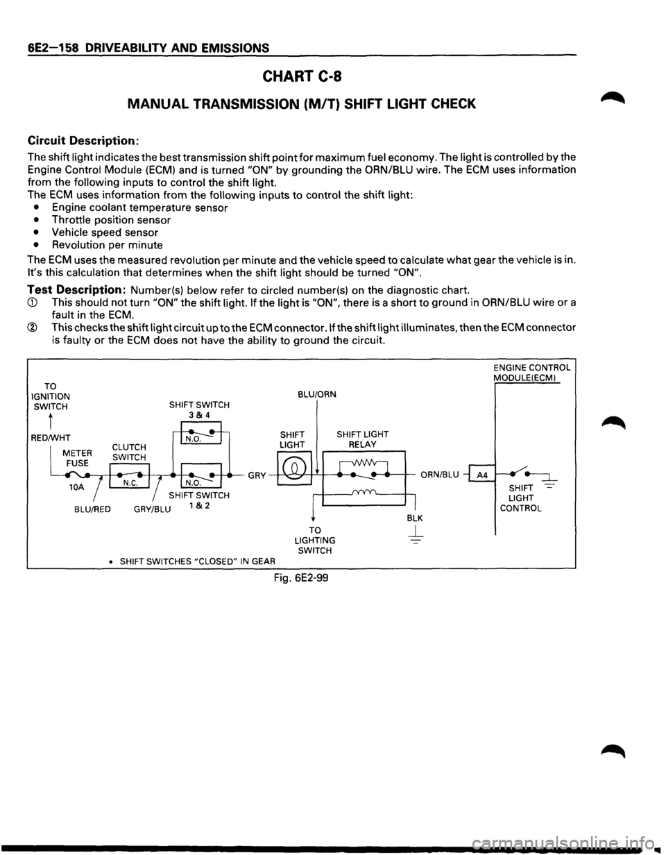 ISUZU TROOPER 1995  Workshop Manual 6E2-158 DRIVEABILITV AND EMISSIONS 
CHART C-8 
MANUAL TRANSMISSION (M/T) SHIFT LIGHT CHECK 
Circuit Description: 
The shift  light indicates  the best  transmission  shift point for maximum fuel econo