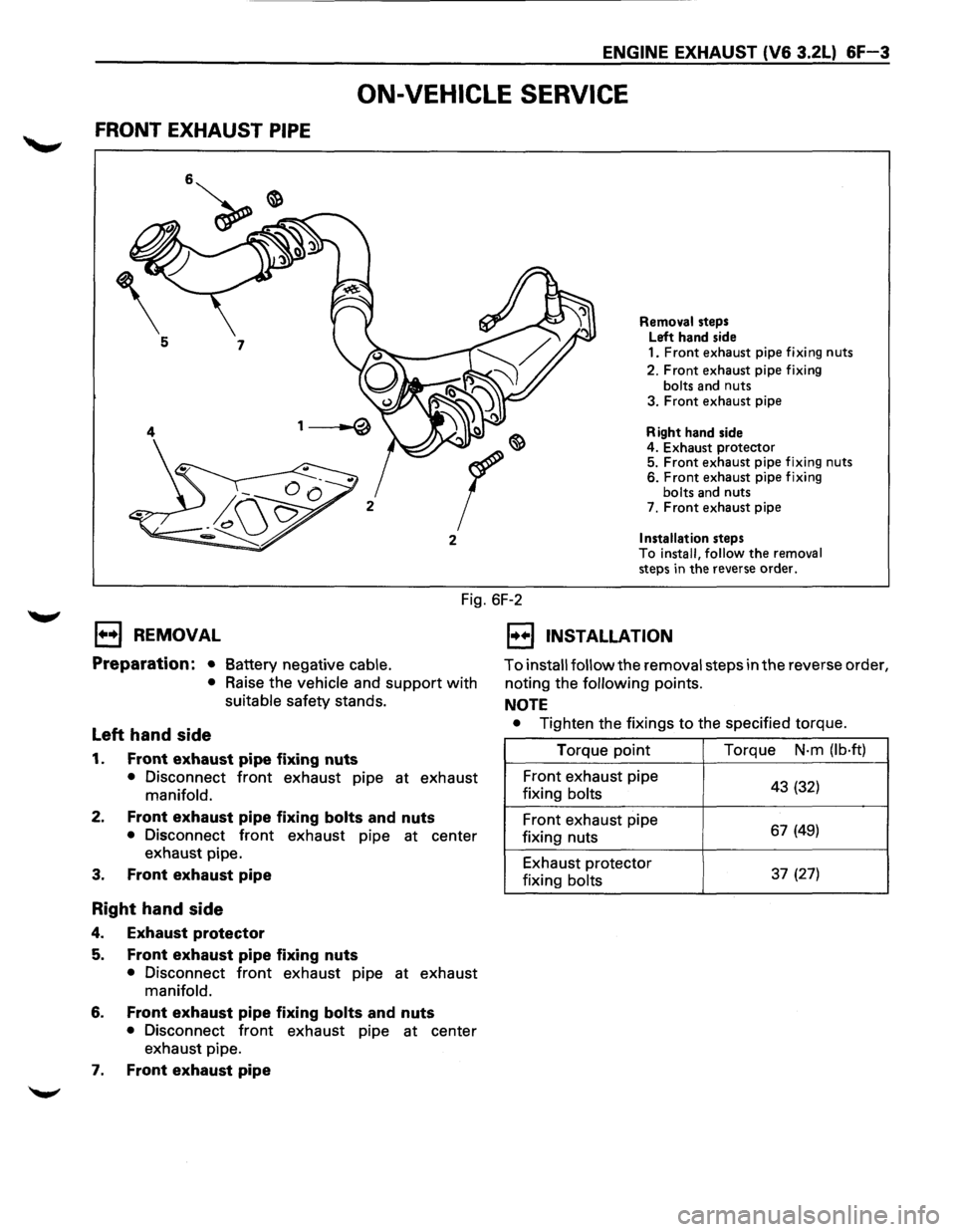 ISUZU TROOPER 1995  Workshop Manual ENGINE EXHAUST (V6 3.2L) &F-3 
ON-VEHICLE SERVICE 
FRONT EXHAUST PIPE 
2 
Removal steps 
Left  hand  side 
1. 
Front exhaust  pipe fixing  nuts 
2.  Front  exhaust  pipe fixing 
bolts and nuts 
3.  Fr