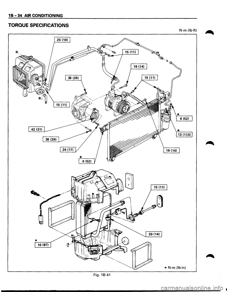 ISUZU TROOPER 1995  Workshop Manual 1 B-34 AIR CONDITIONING 
TORQUE SPECIFICATIONS 
N-m  (lb·ft) 
* N·m (lb·in) 
Fig. 18-41 
_____________ ,.  