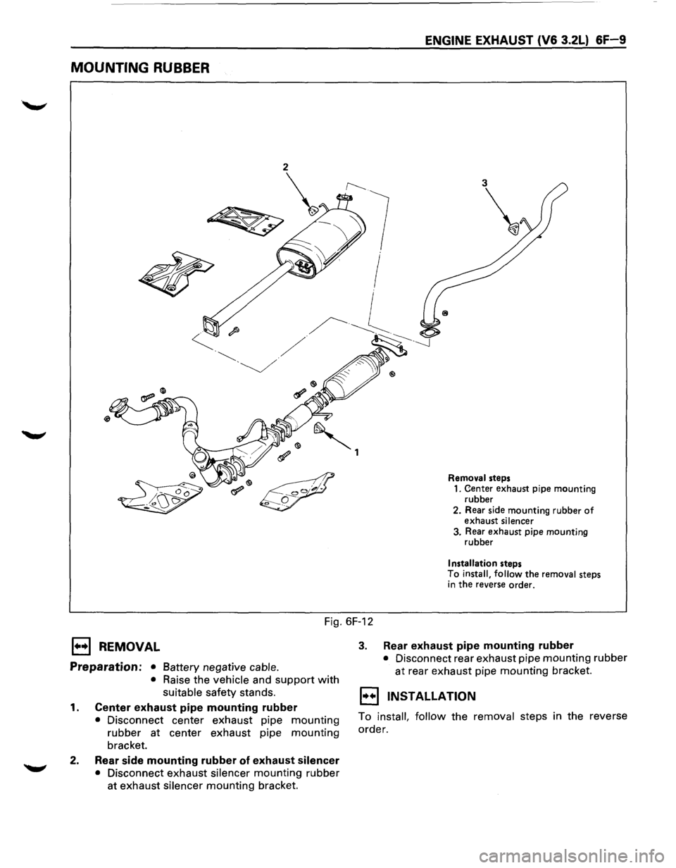 ISUZU TROOPER 1995  Workshop Manual MOUNTING RUBBER 
ENGINE EXHAUST (V6 3.2L) 6F-9 
3 
 
Removal steps 1. Center exhaust  pipe mounting 
rubber 
2.  Rear  side mounting  rubber 
of exhaust silencer 3. Rear  exhaust  pipe mounting 
rubbe