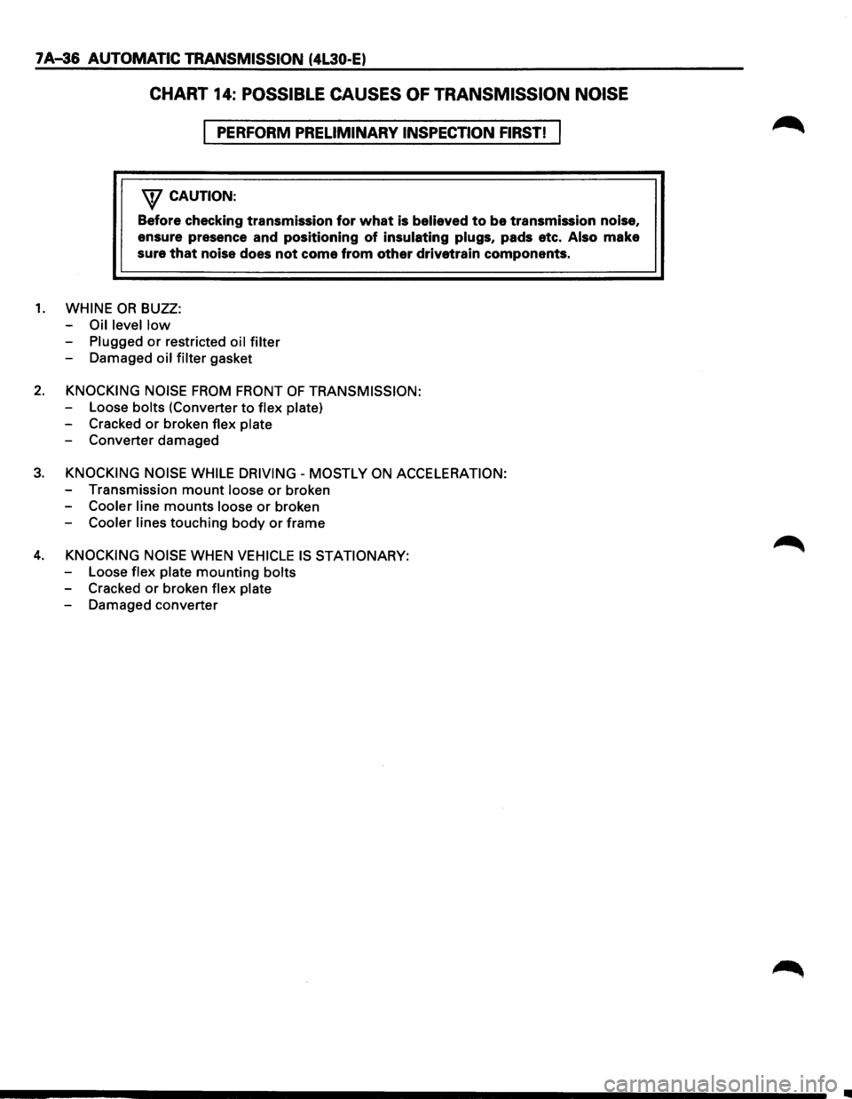 ISUZU TROOPER 1995  Workshop Manual 7 A-36 AUTOMATIC TRANSMISSION  (4L30-E) 
CHART 14: POSSIBLE CAUSES OF TRANSMISSION  NOISE 
PERFORM PRELIMINARY INSPECTION FIRST! 
\f CAUTION: 
Before checking  transmission for what is believed to be
