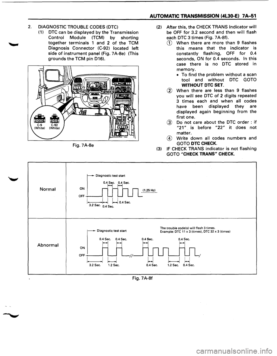 ISUZU TROOPER 1995 Workshop Manual 2. DIAGNOSTIC TROUBLE CODES (DTC)
(1) DTC can be displayed by the Transmission
Control Module (TCM) by shorting
together terminals 1 and 2 of the TCM
Diagnosis Connector (C-92)
located left
ISUZU TROOPER 1995 Workshop Manual 2. DIAGNOSTIC TROUBLE CODES (DTC)
(1) DTC can be displayed by the Transmission
Control Module (TCM) by shorting
together terminals 1 and 2 of the TCM
Diagnosis Connector (C-92)
located left