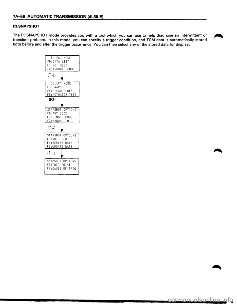ISUZU TROOPER 1995  Workshop Manual 7 A-56 AUTOMATIC TRANSMISSION  (4L30-E) 
F3:SNAPSHOT 
The F3:SNAPSHOT  mode provides  you with  a tool  which  you can use to help  diagnose an intermittent  or ~ 
transient problem. In this mode,  yo