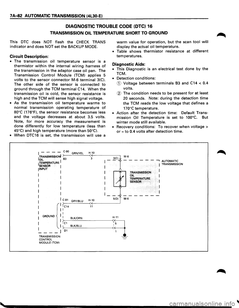 ISUZU TROOPER 1995  Workshop Manual 7 A-82 AUTOMATIC TRANSMISSION (4L30-E) 
DIAGNOSTIC TROUBLE CODE (DTC) 16 
TRANSMISSION OIL TEMPERATURE SHORT TO GROUND 
This DTC does NOT  flash the CHECK TRANS 
indicator and does NOT set the BACKUP 