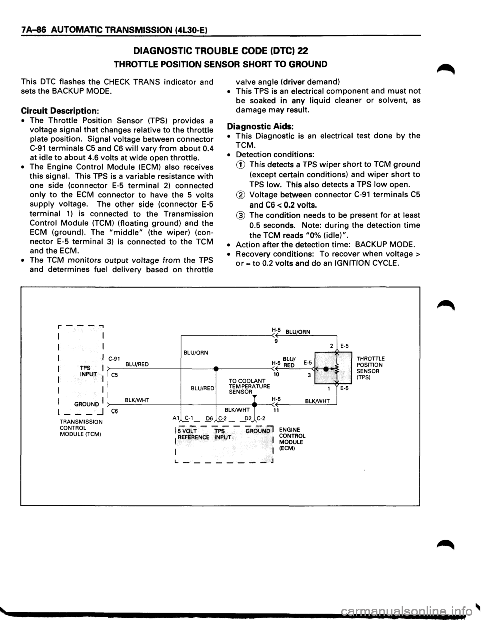 ISUZU TROOPER 1995  Workshop Manual 7A-86 AUTOMATIC TRANSMISSION (4L30-E) 
DIAGNOSTIC TROUBLE CODE (DTC) 22 
THROTTLE POSITION  SENSOR SHORT TO GROUND 
This DTC flashes the CHECK TRANS indicator and 
sets 
the BACKUP MODE. 
Circuit  Des