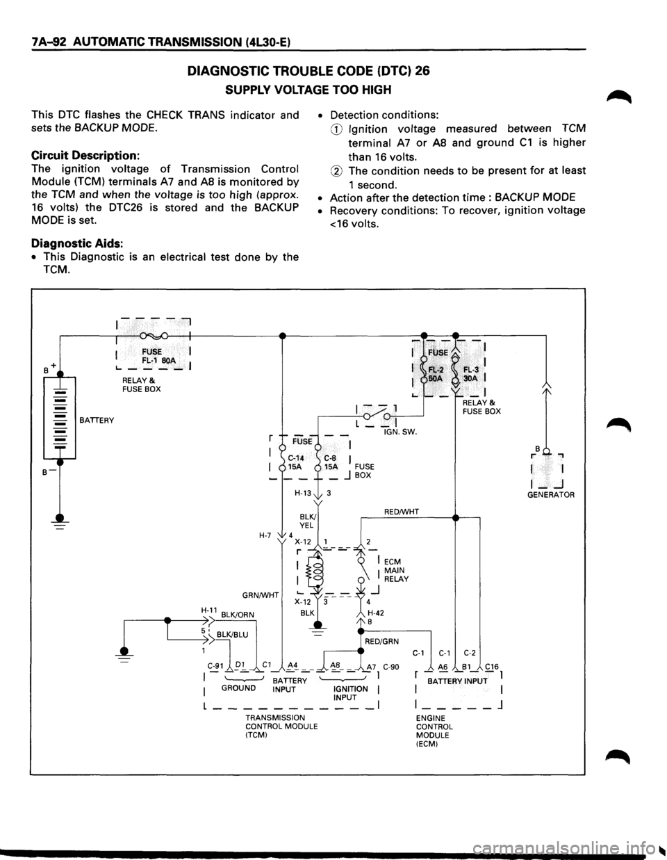 ISUZU TROOPER 1995 Workshop Manual 7 A-92 AUTOMATIC TRANSMISSION (4L30-E)
DIAGNOSTIC TROUBLE CODE (DTC) 26
SUPPLY VOLTAGE TOO HIGH
This DTC flashes the CHECK TRANS indicator and
sets the
BACKUP MODE.
Circuit Description:
The ISUZU TROOPER 1995 Workshop Manual 7 A-92 AUTOMATIC TRANSMISSION (4L30-E)
DIAGNOSTIC TROUBLE CODE (DTC) 26
SUPPLY VOLTAGE TOO HIGH
This DTC flashes the CHECK TRANS indicator and
sets the
BACKUP MODE.
Circuit Description:
The