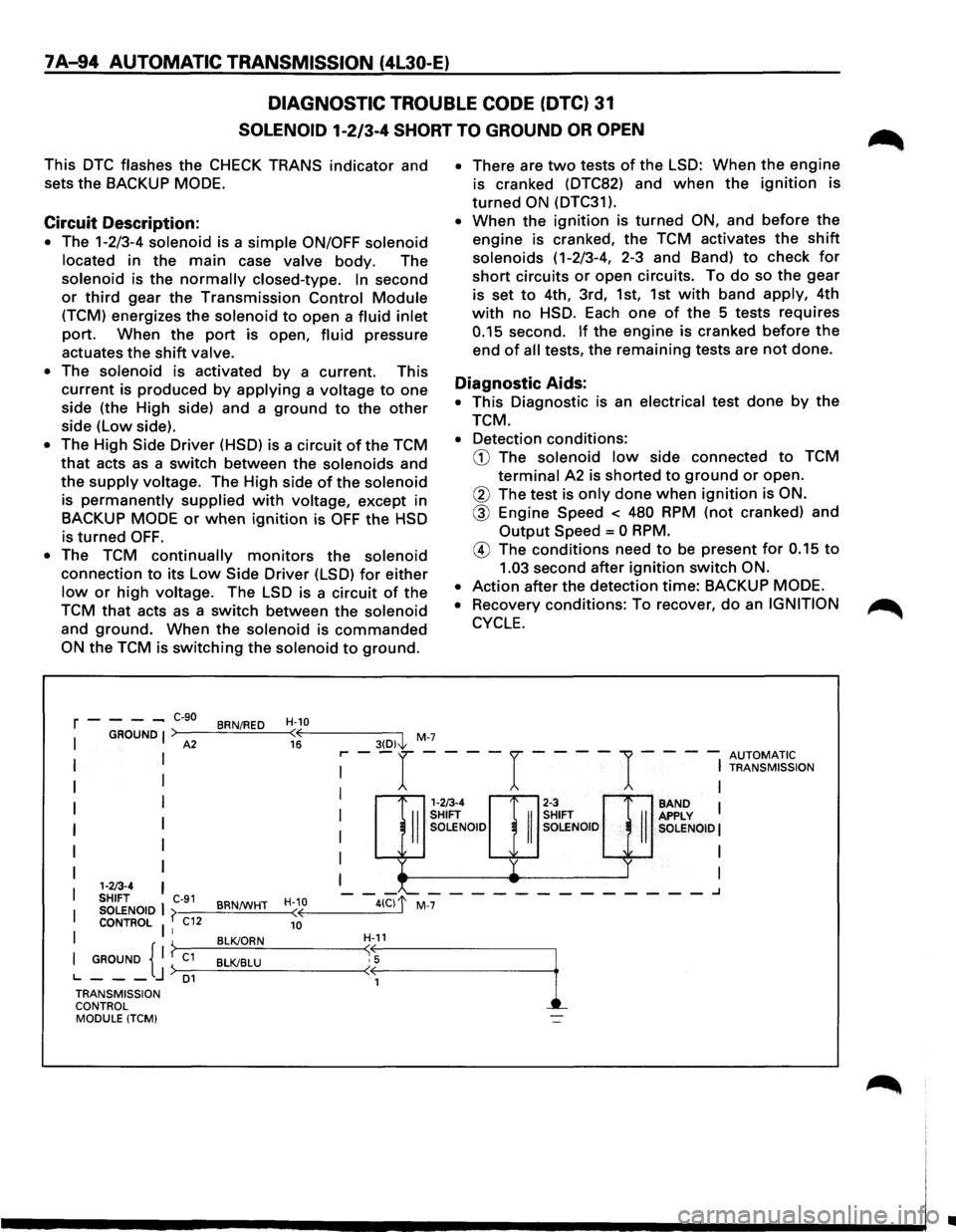 ISUZU TROOPER 1995 Workshop Manual 7 A-94 AUTOMATIC TRANSMISSION (4l30-E)
DIAGNOSTIC TROUBLE CODE (DTC) 31
SOLENOID 1-2/3-4 SHORT TO GROUND OR OPEN
This DTC flashes the CHECK TRANS indicator and
sets
the BACKUP MODE.
Circuit De ISUZU TROOPER 1995 Workshop Manual 7 A-94 AUTOMATIC TRANSMISSION (4l30-E)
DIAGNOSTIC TROUBLE CODE (DTC) 31
SOLENOID 1-2/3-4 SHORT TO GROUND OR OPEN
This DTC flashes the CHECK TRANS indicator and
sets
the BACKUP MODE.
Circuit De