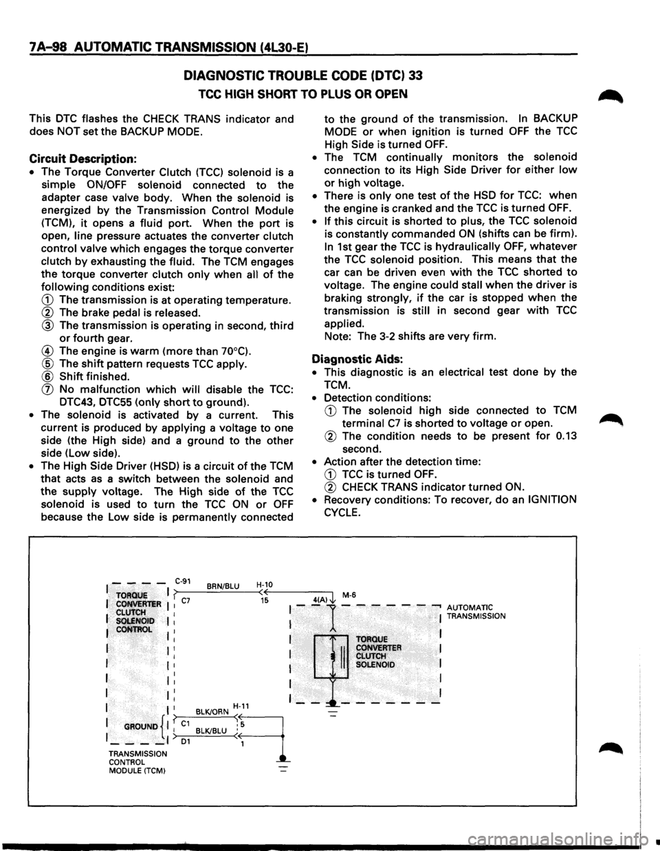 ISUZU TROOPER 1995  Workshop Manual 7 A-98 AUTOMATIC TRANSMISSION (4L30-E) 
DIAGNOSTIC  TROUBLE CODE (DTC) 33 
TCC HIGH SHORT TO PLUS OR OPEN 
This DTC flashes  the CHECK  TRANS indicator and 
does NOT set the BACKUP  MODE. 
Circuit Des