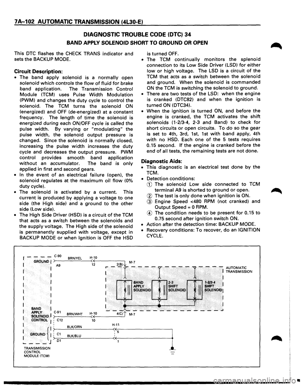 ISUZU TROOPER 1995  Workshop Manual 7A-102 AUTOMATIC  TRANSMISSION  (4L30-E) 
DIAGNOSTIC  TROUBLE CODE 
(DTC) 34 
BAND APPLY SOLENOID  SHORT TO GROUND OR OPEN 
This DTC flashes  the CHECK TRANS indicator  and 
sets the  BACKUP 
MODE. 
C