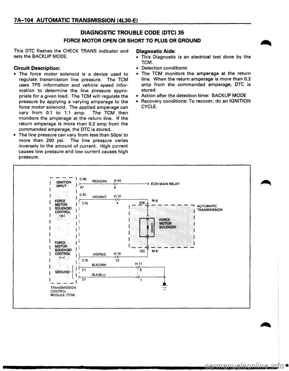 ISUZU TROOPER 1995  Workshop Manual 7A-104 AUTOMATIC TRANSMISSION (4L30-E) 
DIAGNOSTIC TROUBLE CODE (DTC} 35 
FORCE MOTOR OPEN  OR SHORT TO PLUS  OR GROUND 
This DTC flashes  the CHECK TRANS indicator  and 
sets  the 
BACKUP  MODE. 
Cir