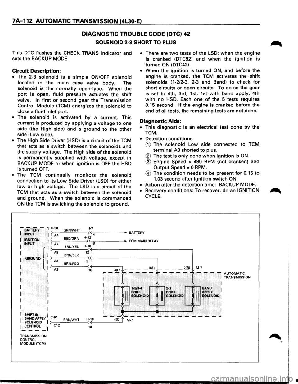 ISUZU TROOPER 1995  Workshop Manual 7A-112 AUTOMATIC TRANSMISSION (4l30-E) 
DIAGNOSTIC  TROUBLE CODE (DTC) 42 
SOLENOID 2-3 SHORT  TO PLUS 
This DTC flashes the CHECK TRANS  indicator  and 
sets the  BACKUP  MODE. 
Circuit Description: 