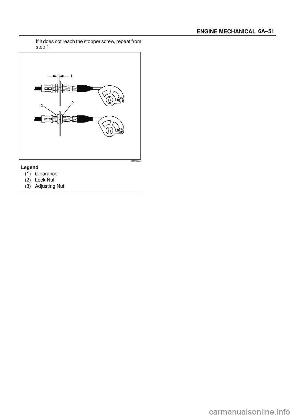 ISUZU TROOPER 1998  Service Repair Manual 6A±51
ENGINE MECHANICAL
If it does not reach the stopper screw, repeat from
step 1.
130RW004
Legend
(1) Clearance
(2) Lock Nut
(3) Adjusting Nut 