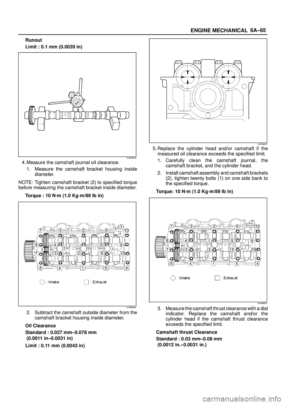 ISUZU TROOPER 1998 Service Repair Manual 6A±65
ENGINE MECHANICAL
Runout
Limit : 0.1 mm (0.0039 in)
014RW044
4. Measure the camshaft journal oil clearance.
1. Measure the camshaft bracket housing inside
diameter.
NOTE: Tighten camshaft brack ISUZU TROOPER 1998 Service Repair Manual 6A±65
ENGINE MECHANICAL
Runout
Limit : 0.1 mm (0.0039 in)
014RW044
4. Measure the camshaft journal oil clearance.
1. Measure the camshaft bracket housing inside
diameter.
NOTE: Tighten camshaft brack
