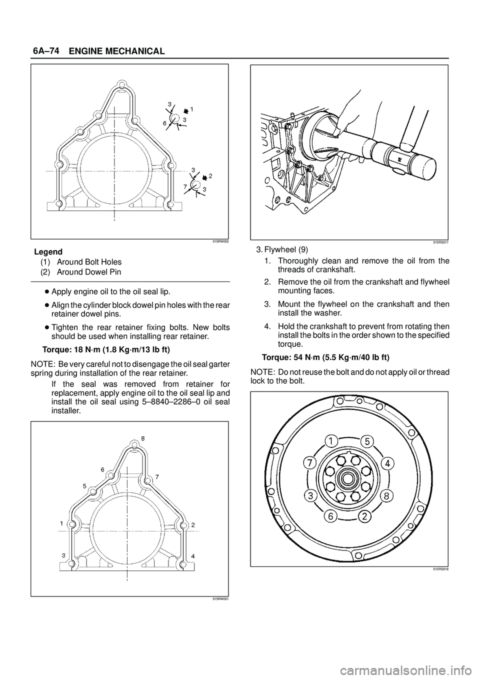ISUZU TROOPER 1998 Service Repair Manual 6A±74
ENGINE MECHANICAL
015RW002
Legend
(1) Around Bolt Holes
(2) Around Dowel Pin
Apply engine oil to the oil seal lip.
Align the cylinder block dowel pin holes with the rear
retainer dowel pins.
ISUZU TROOPER 1998 Service Repair Manual 6A±74
ENGINE MECHANICAL
015RW002
Legend
(1) Around Bolt Holes
(2) Around Dowel Pin
Apply engine oil to the oil seal lip.
Align the cylinder block dowel pin holes with the rear
retainer dowel pins.