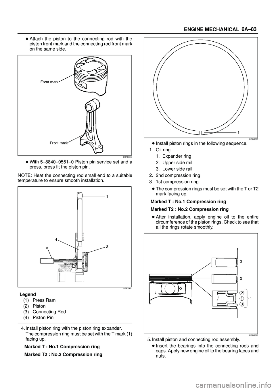 ISUZU TROOPER 1998 Service Repair Manual 6A±83
ENGINE MECHANICAL
Attach the piston to the connecting rod with the
piston front mark and the connecting rod front mark
on the same side.
015RS036
With 5±8840±0551±0 Piston pin service set ISUZU TROOPER 1998 Service Repair Manual 6A±83
ENGINE MECHANICAL
Attach the piston to the connecting rod with the
piston front mark and the connecting rod front mark
on the same side.
015RS036
With 5±8840±0551±0 Piston pin service set
