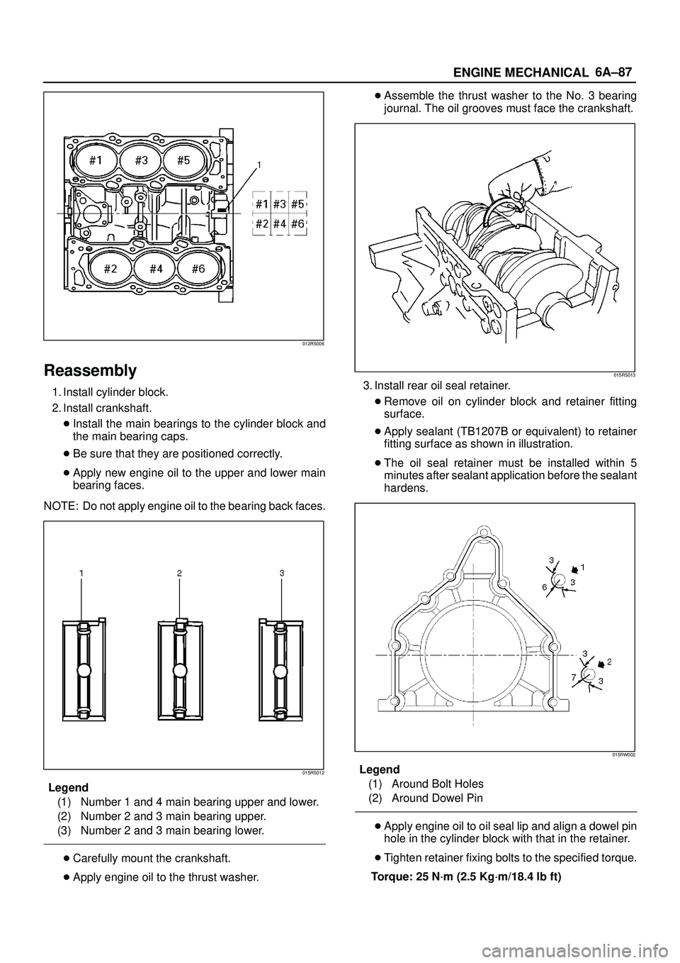 ISUZU TROOPER 1998 Service Repair Manual 6A±87
ENGINE MECHANICAL
012RS006
Reassembly
1. Install cylinder block.
2. Install crankshaft.
Install the main bearings to the cylinder block and
the main bearing caps.
Be sure that they are positi ISUZU TROOPER 1998 Service Repair Manual 6A±87
ENGINE MECHANICAL
012RS006
Reassembly
1. Install cylinder block.
2. Install crankshaft.
Install the main bearings to the cylinder block and
the main bearing caps.
Be sure that they are positi