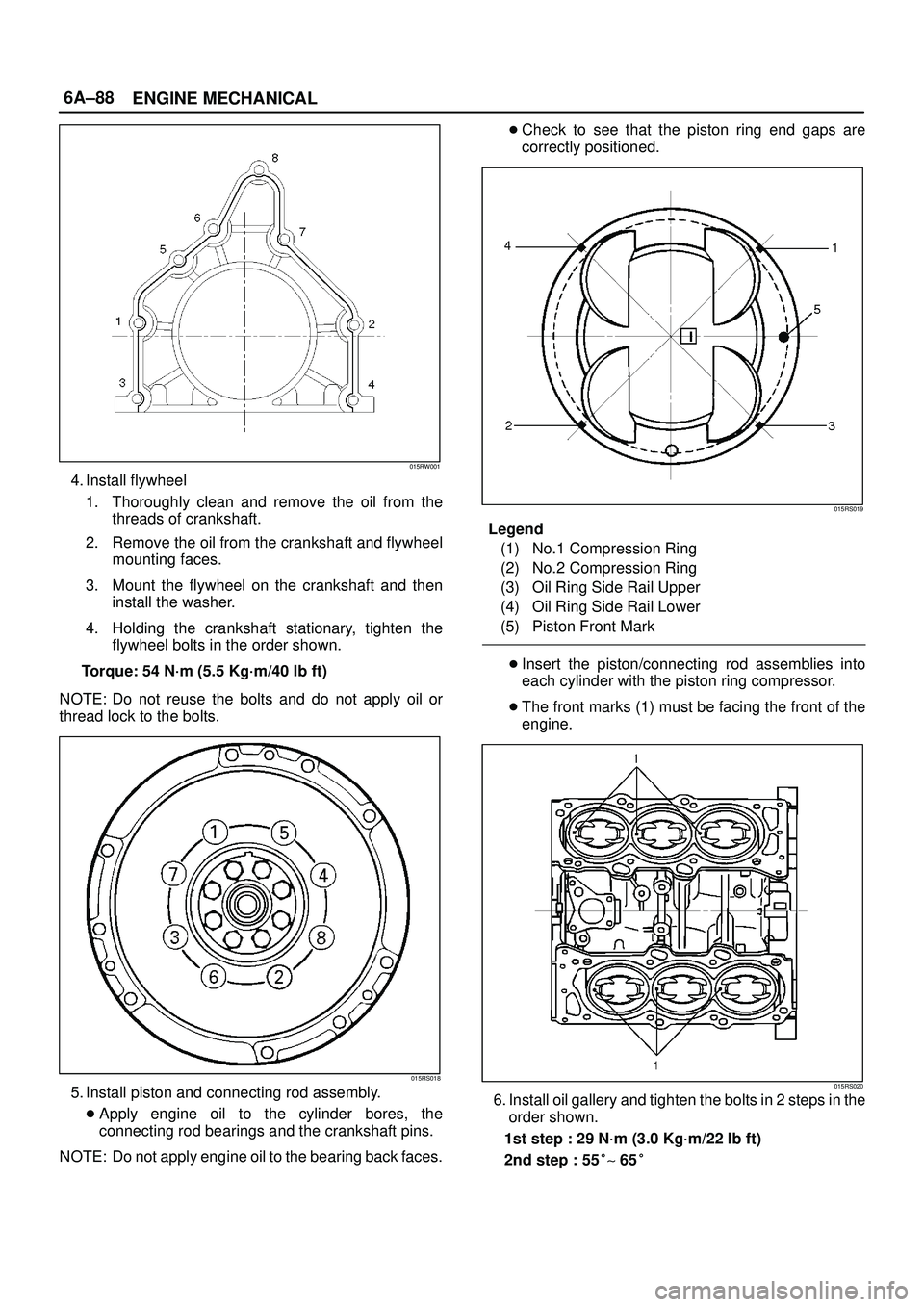 ISUZU TROOPER 1998 Service Repair Manual 6A±88
ENGINE MECHANICAL
015RW001
4. Install flywheel
1. Thoroughly clean and remove the oil from the
threads of crankshaft.
2. Remove the oil from the crankshaft and flywheel
mounting faces.
3. Mount ISUZU TROOPER 1998 Service Repair Manual 6A±88
ENGINE MECHANICAL
015RW001
4. Install flywheel
1. Thoroughly clean and remove the oil from the
threads of crankshaft.
2. Remove the oil from the crankshaft and flywheel
mounting faces.
3. Mount