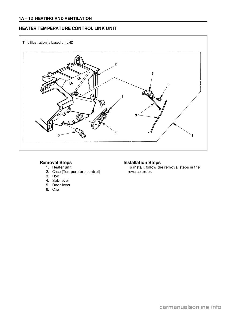 ISUZU TROOPER 1998  Service Repair Manual 1A Ð 12 HEATING AND VENTILATION
Removal Steps
1. Heater unit
2. Case (Temperature control)
3. Rod
4. Sub-lever
5. Door lever
6. Clip
Installation Steps
To install, follow the removal steps in the
rev