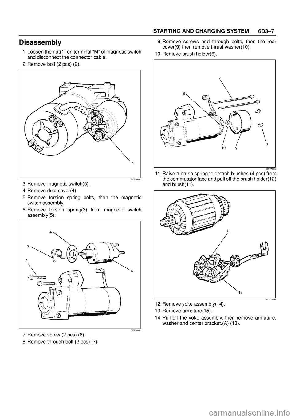 ISUZU TROOPER 1998  Service Repair Manual 6D3±7 STARTING AND CHARGING SYSTEM
Disassembly
1. Loosen the nut(1) on terminal ªMº of magnetic switch
and disconnect the connector cable.
2. Remove bolt (2 pcs) (2).
065RW003
3. Remove magnetic sw