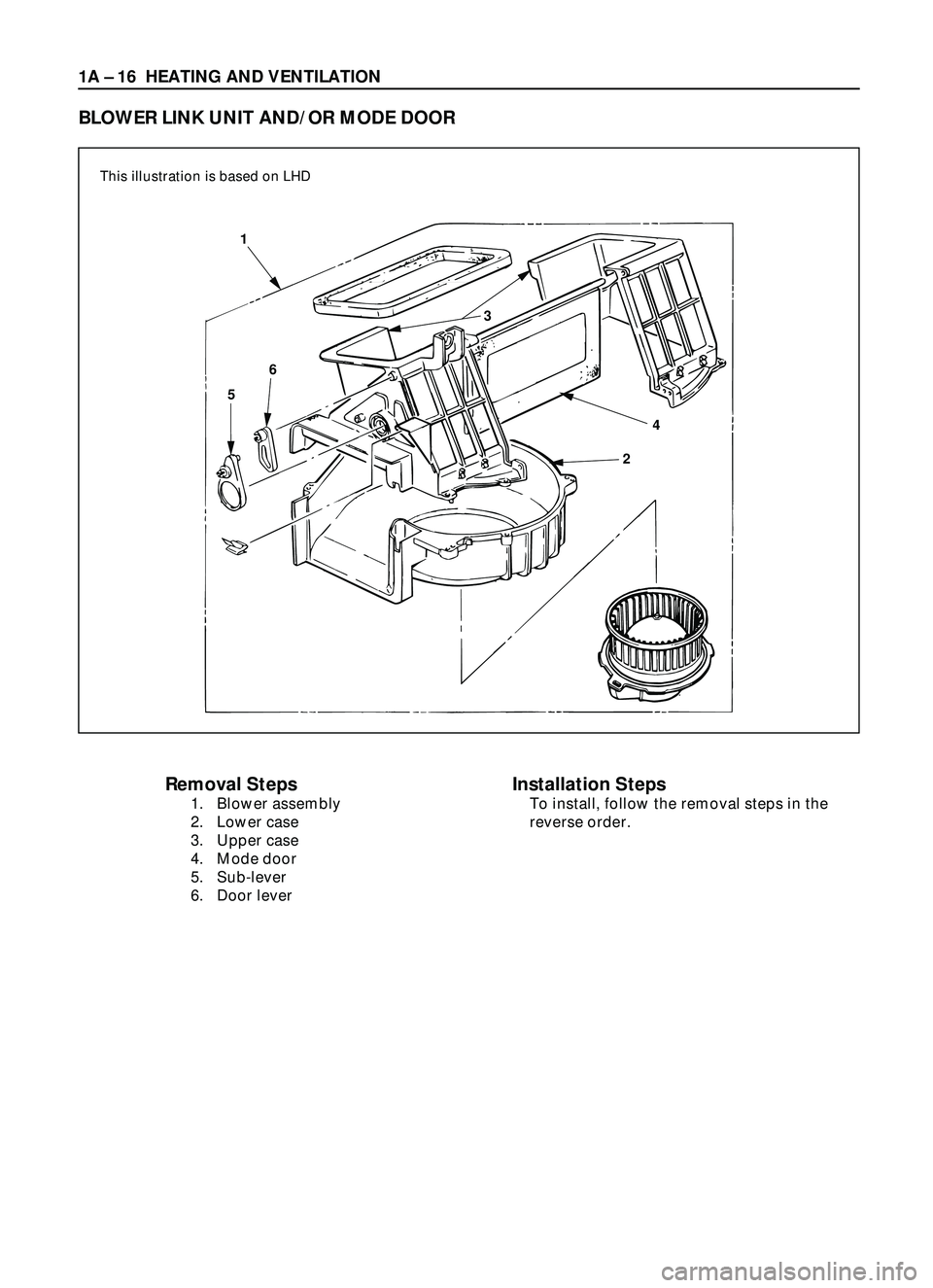ISUZU TROOPER 1998  Service Repair Manual 1A Ð 16 HEATING AND VENTILATION
Removal Steps
1. Blower assembly
2. Lower case
3. Upper case
4. Mode door
5. Sub-lever
6. Door lever
Installation Steps
To install, follow the removal steps in the
rev