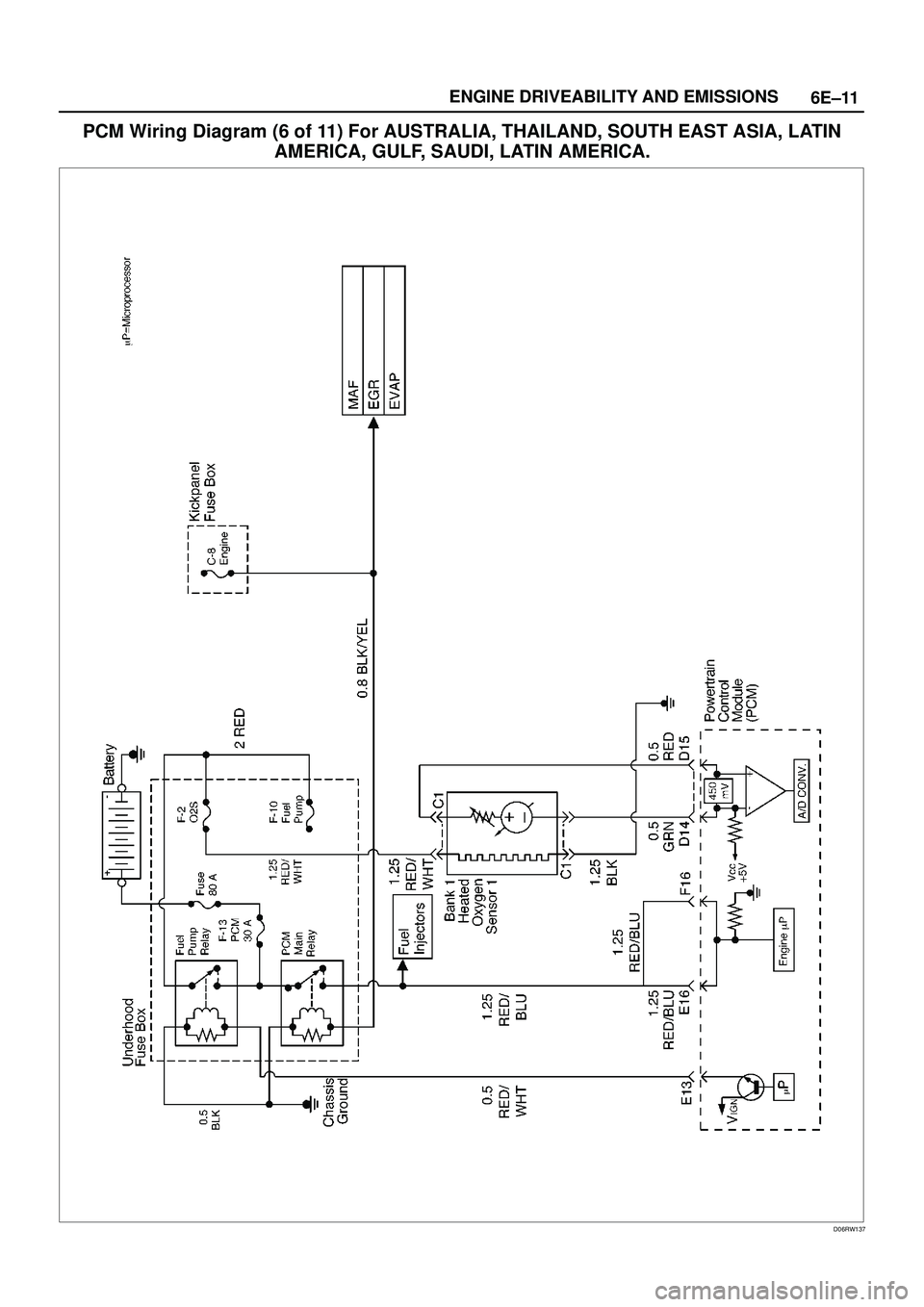 ISUZU TROOPER 1998  Service Repair Manual 6E±11 ENGINE DRIVEABILITY AND EMISSIONS
PCM Wiring Diagram (6 of 11) For AUSTRALIA, THAILAND, SOUTH EAST ASIA, LATIN
AMERICA, GULF, SAUDI, LATIN AMERICA.
D06RW137 