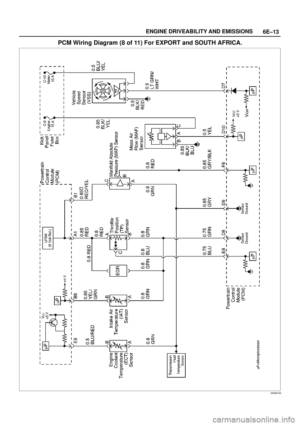ISUZU TROOPER 1998  Service Repair Manual 6E±13 ENGINE DRIVEABILITY AND EMISSIONS
PCM Wiring Diagram (8 of 11) For EXPORT and SOUTH AFRICA.
D06RW138 