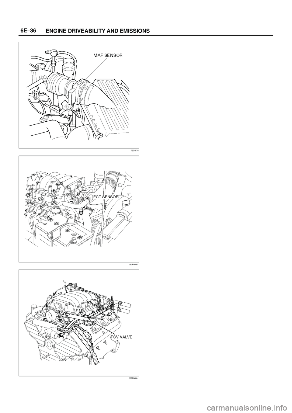 ISUZU TROOPER 1998  Service Repair Manual 6E±36
ENGINE DRIVEABILITY AND EMISSIONS
T321078
060RW007
028RW001 