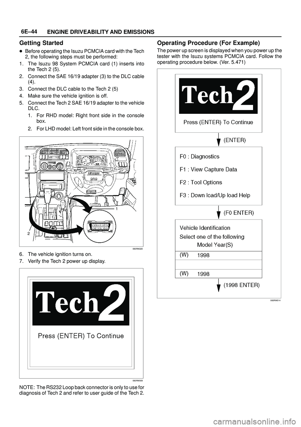 ISUZU TROOPER 1998  Service Repair Manual 6E±44
ENGINE DRIVEABILITY AND EMISSIONS
Getting Started
Before operating the Isuzu PCMCIA card with the Tech
2, the following steps must be performed:
1. The Isuzu 98 System PCMCIA card (1) inserts 
