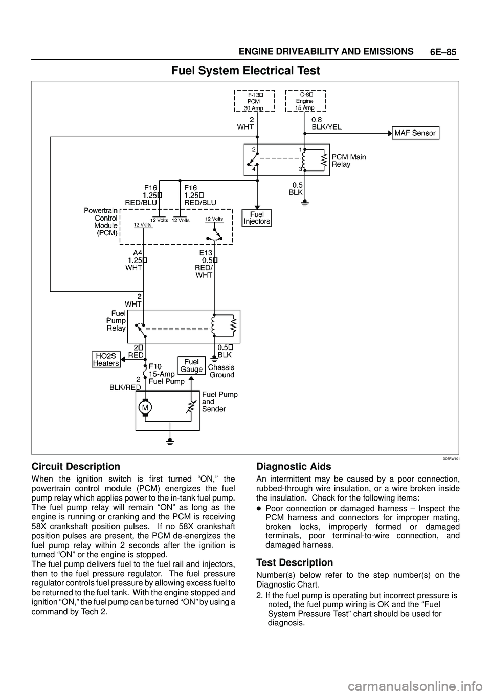 ISUZU TROOPER 1998 Service Repair Manual 6E±85 ENGINE DRIVEABILITY AND EMISSIONS
Fuel System Electrical Test
D06RW101
Circuit Description
When the ignition switch is first turned ªON,º the
powertrain control module (PCM) energizes the fue ISUZU TROOPER 1998 Service Repair Manual 6E±85 ENGINE DRIVEABILITY AND EMISSIONS
Fuel System Electrical Test
D06RW101
Circuit Description
When the ignition switch is first turned ªON,º the
powertrain control module (PCM) energizes the fue