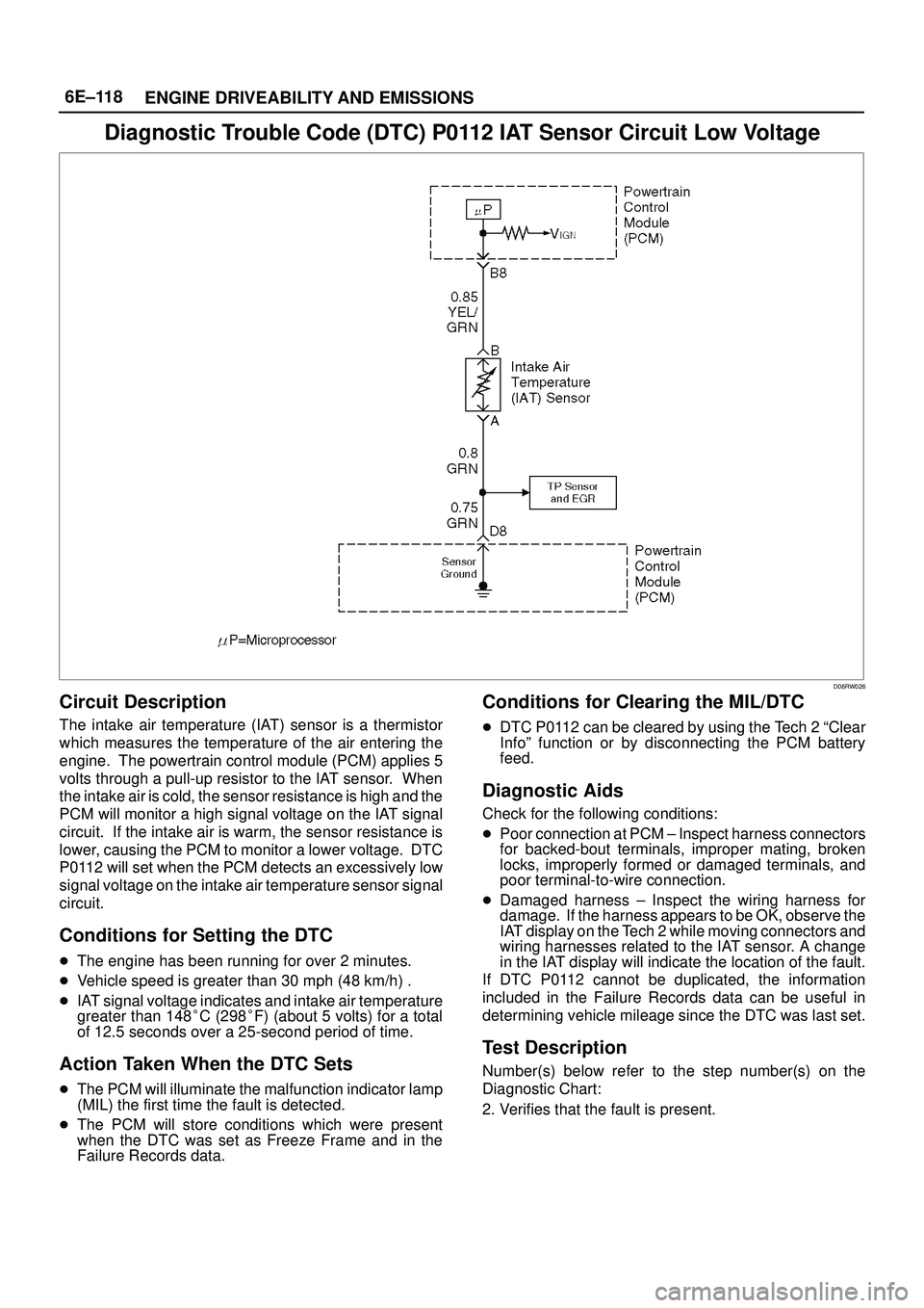 ISUZU TROOPER 1998 Service Repair Manual 6E±118
ENGINE DRIVEABILITY AND EMISSIONS
Diagnostic Trouble Code (DTC) P0112 IAT Sensor Circuit Low Voltage
D06RW026
Circuit Description
The intake air temperature (IAT) sensor is a thermistor
which ISUZU TROOPER 1998 Service Repair Manual 6E±118
ENGINE DRIVEABILITY AND EMISSIONS
Diagnostic Trouble Code (DTC) P0112 IAT Sensor Circuit Low Voltage
D06RW026
Circuit Description
The intake air temperature (IAT) sensor is a thermistor
which