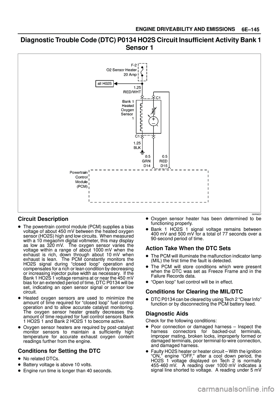 ISUZU TROOPER 1998  Service Repair Manual 6E±145 ENGINE DRIVEABILITY AND EMISSIONS
Diagnostic Trouble Code (DTC) P0134 HO2S Circuit Insufficient Activity Bank 1
Sensor 1
060RW237
Circuit Description
The powertrain control module (PCM) suppl