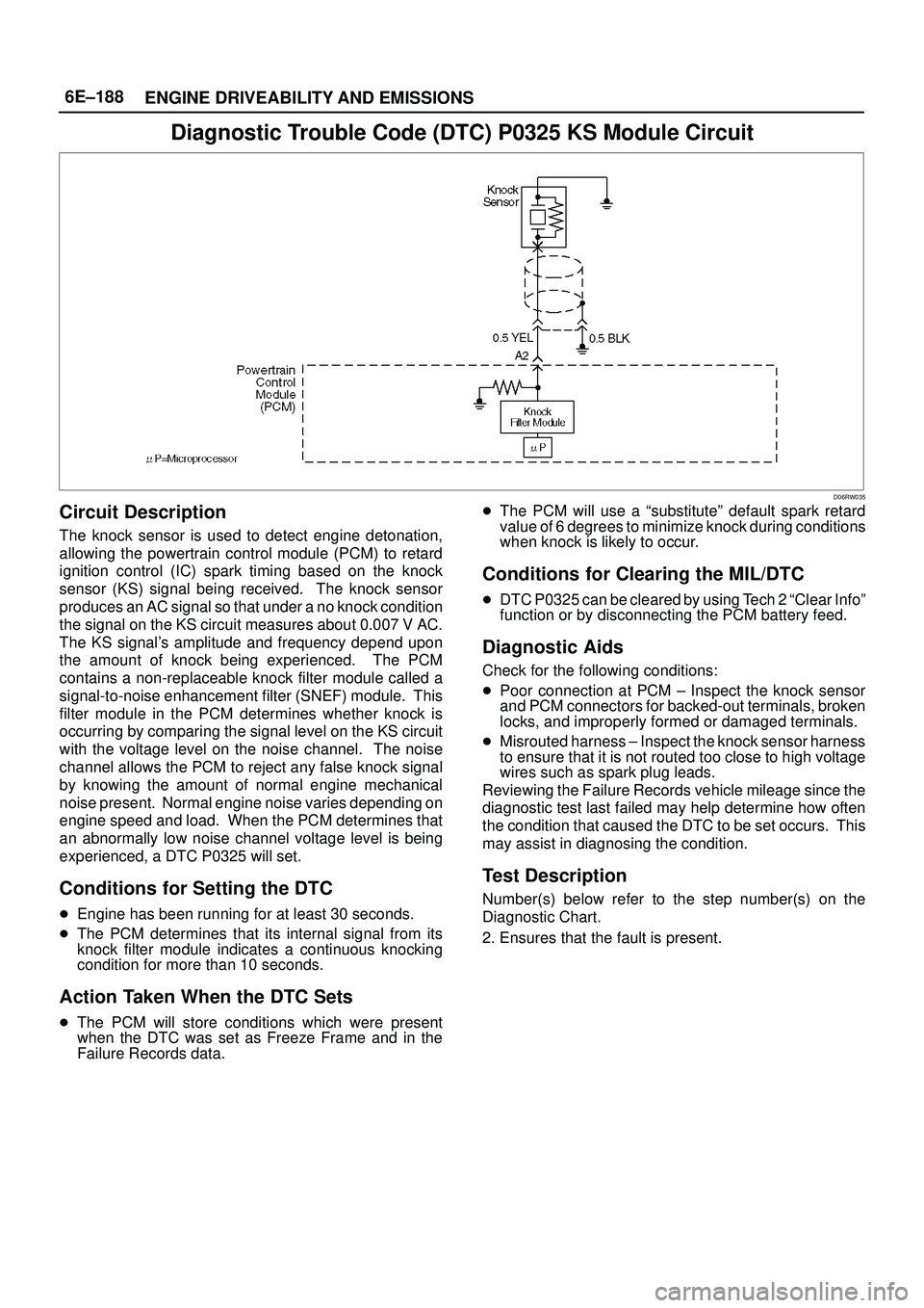 ISUZU TROOPER 1998 Service Repair Manual 6E±188
ENGINE DRIVEABILITY AND EMISSIONS
Diagnostic Trouble Code (DTC) P0325 KS Module Circuit
D06RW035
Circuit Description
The knock sensor is used to detect engine detonation,
allowing the powertra ISUZU TROOPER 1998 Service Repair Manual 6E±188
ENGINE DRIVEABILITY AND EMISSIONS
Diagnostic Trouble Code (DTC) P0325 KS Module Circuit
D06RW035
Circuit Description
The knock sensor is used to detect engine detonation,
allowing the powertra