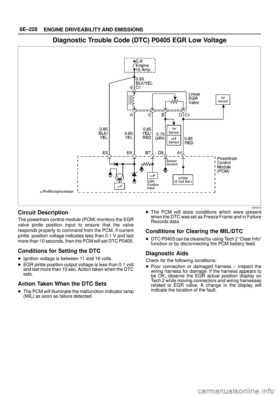 ISUZU TROOPER 1998  Service Repair Manual 6E±228
ENGINE DRIVEABILITY AND EMISSIONS
Diagnostic Trouble Code (DTC) P0405 EGR Low Voltage
D06RW106
Circuit Description
The powertrain control module (PCM) monitors the EGR
valve pintle position in
