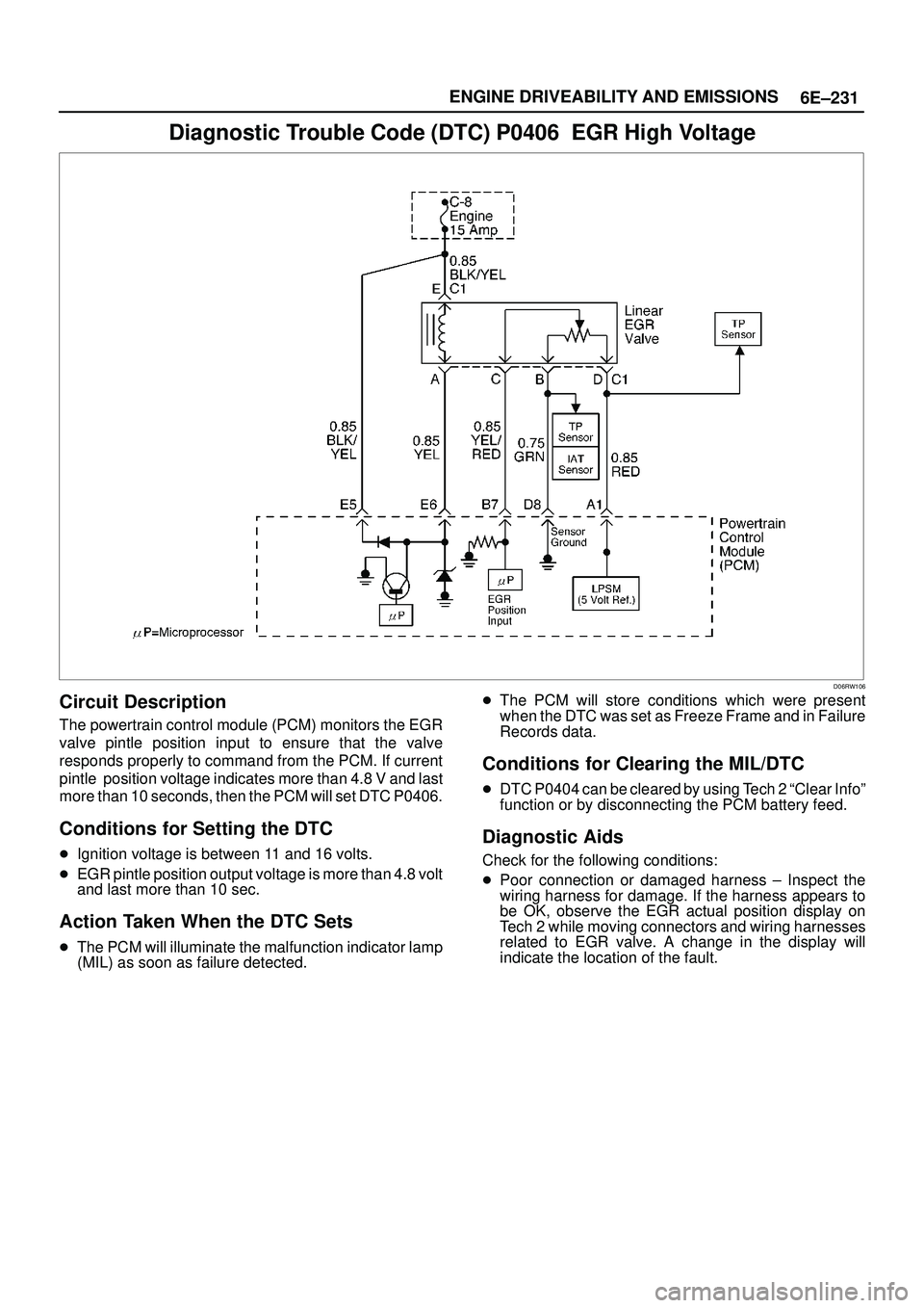 ISUZU TROOPER 1998  Service Repair Manual 6E±231 ENGINE DRIVEABILITY AND EMISSIONS
Diagnostic Trouble Code (DTC) P0406  EGR High Voltage
D06RW106
Circuit Description
The powertrain control module (PCM) monitors the EGR
valve pintle position 