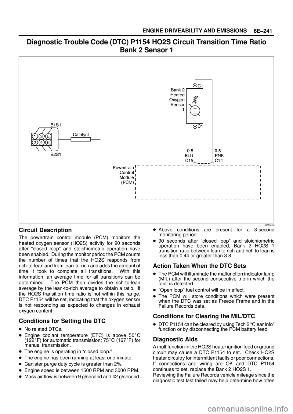 ISUZU TROOPER 1998  Service Repair Manual 6E±241 ENGINE DRIVEABILITY AND EMISSIONS
Diagnostic Trouble Code (DTC) P1154 HO2S Circuit Transition Time Ratio
Bank 2 Sensor 1
060RW190
Circuit Description
The powertrain control module (PCM) monito