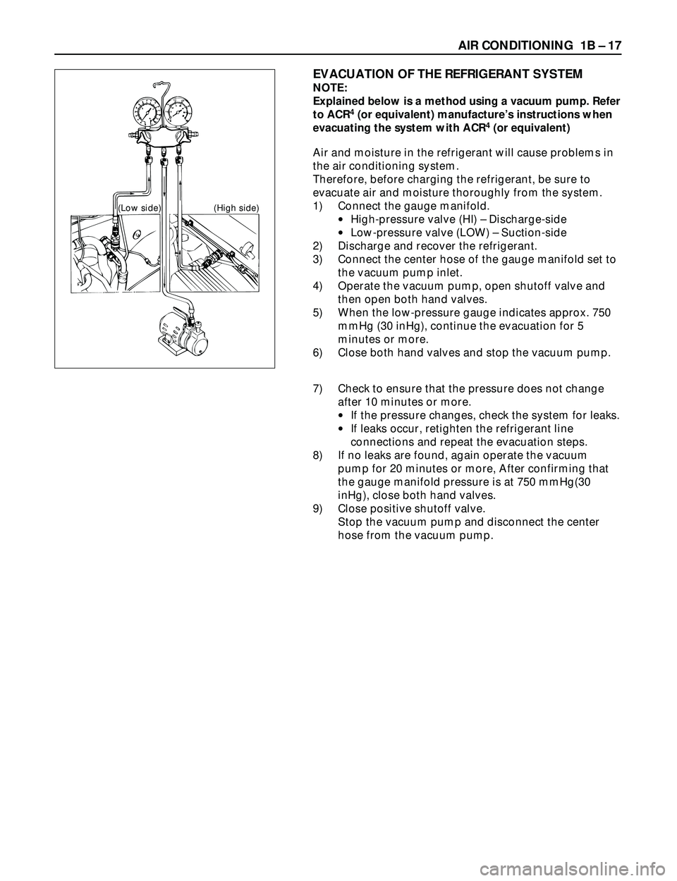 ISUZU TROOPER 1998 Service Repair Manual AIR CONDITIONING 1B Ð 17
7) Check to ensure that the pressure does not change
after 10 minutes or more.
·If the pressure changes, check the system for leaks.
·If leaks occur, retighten the refrige ISUZU TROOPER 1998 Service Repair Manual AIR CONDITIONING 1B Ð 17
7) Check to ensure that the pressure does not change
after 10 minutes or more.
·If the pressure changes, check the system for leaks.
·If leaks occur, retighten the refrige