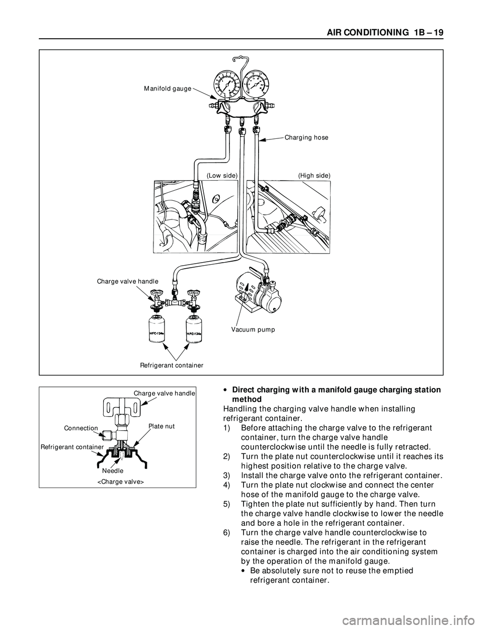 ISUZU TROOPER 1998 Service Repair Manual AIR CONDITIONING 1B Ð 19
·Direct charging with a manifold gauge charging station
method
Handling the charging valve handle when installing
refrigerant container.
1) Before attaching the charge valv ISUZU TROOPER 1998 Service Repair Manual AIR CONDITIONING 1B Ð 19
·Direct charging with a manifold gauge charging station
method
Handling the charging valve handle when installing
refrigerant container.
1) Before attaching the charge valv